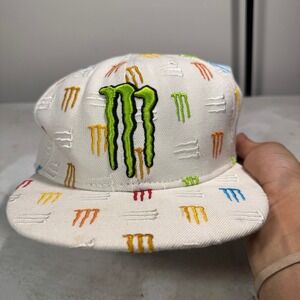 Monster Energy All Over Print Fitted Hat White Size 7 3/8 White Multicolor Y2K